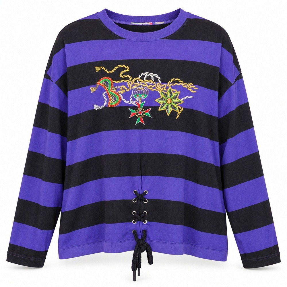 Vintage 90s Y2K Purple Black Striped Embroidered Lace Up Pullover Oversized
